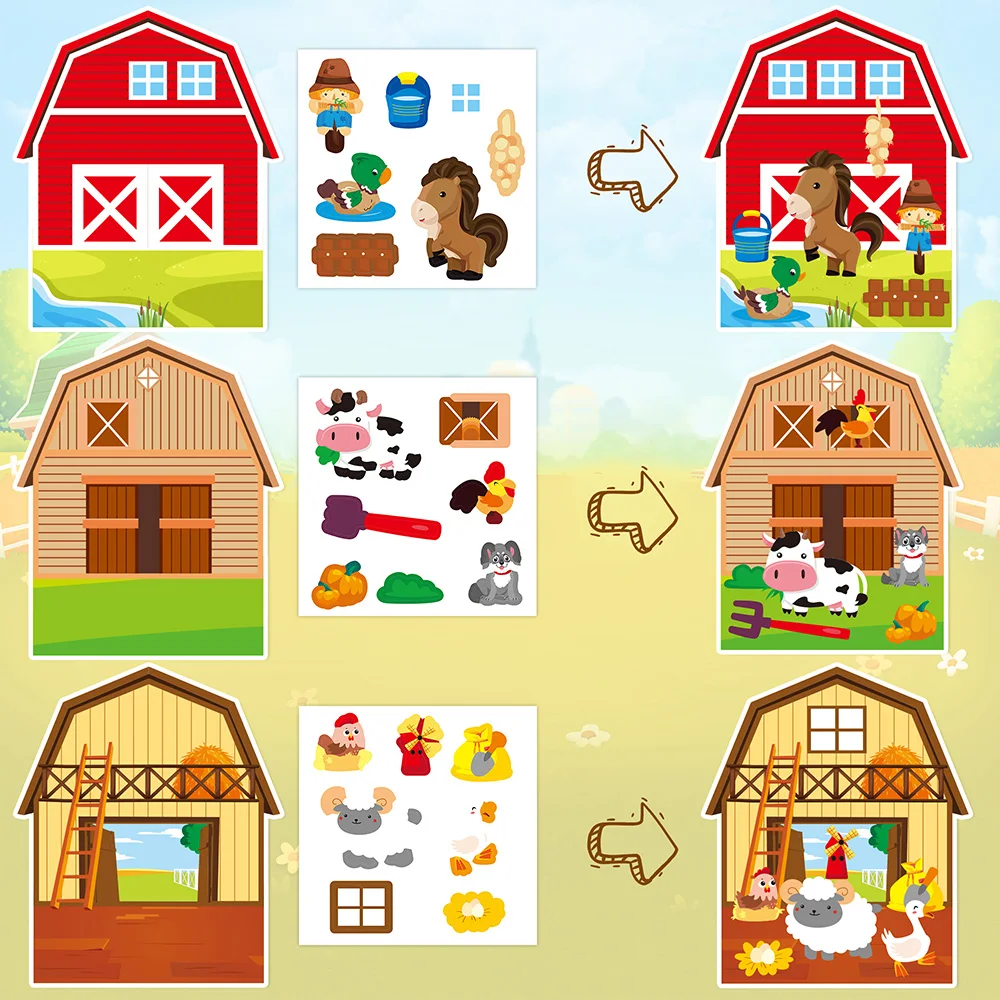 12Pcs DIY Farm Animal Scene Sticker Set Kids Favor Pig Bunny Horse Sheep Decal for Children Storytelling Handmade Activity Toys