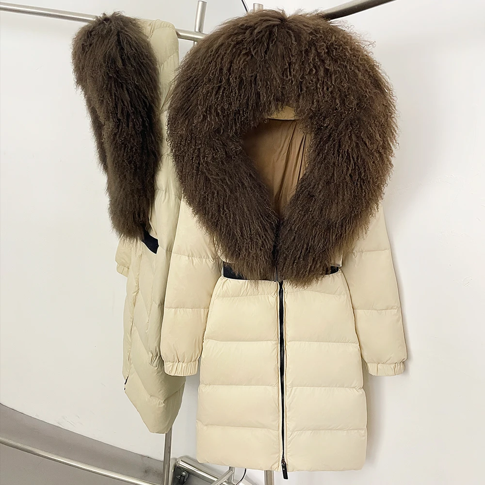 

Reality Long Puffer Jacket Female Warm Clothes Women Down Coat with Real Mongolia Sheep Fur Collar Women's Down Jacket with Hood