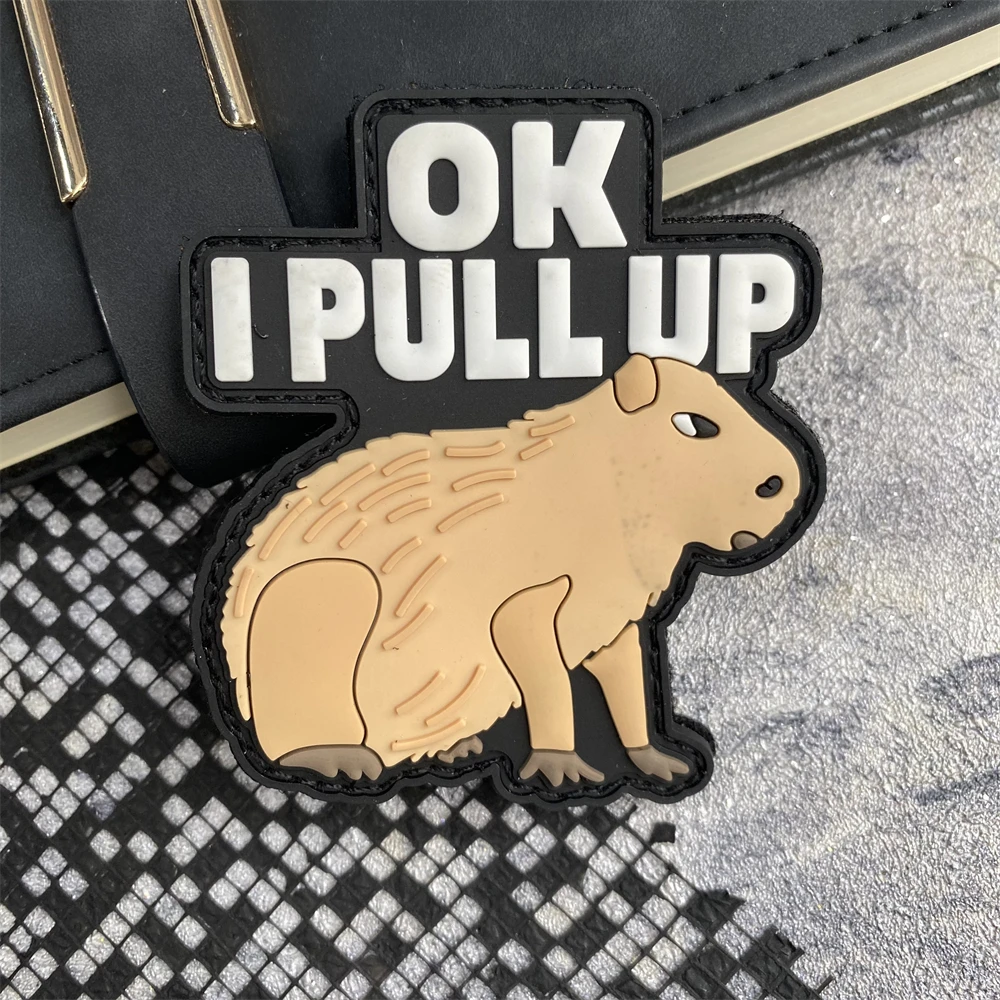 Capybara Meme Funny PVC Tactical Patch Ok I Pull Up Morale Badge Hook and Loop Armband Military Army Backpack Accessory Sticker