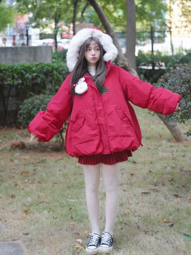 

Snowman Sweet School Sle White Du down Loose Hooded Puffer Jaet Women's Winter Thiened Outerwear Cact Size