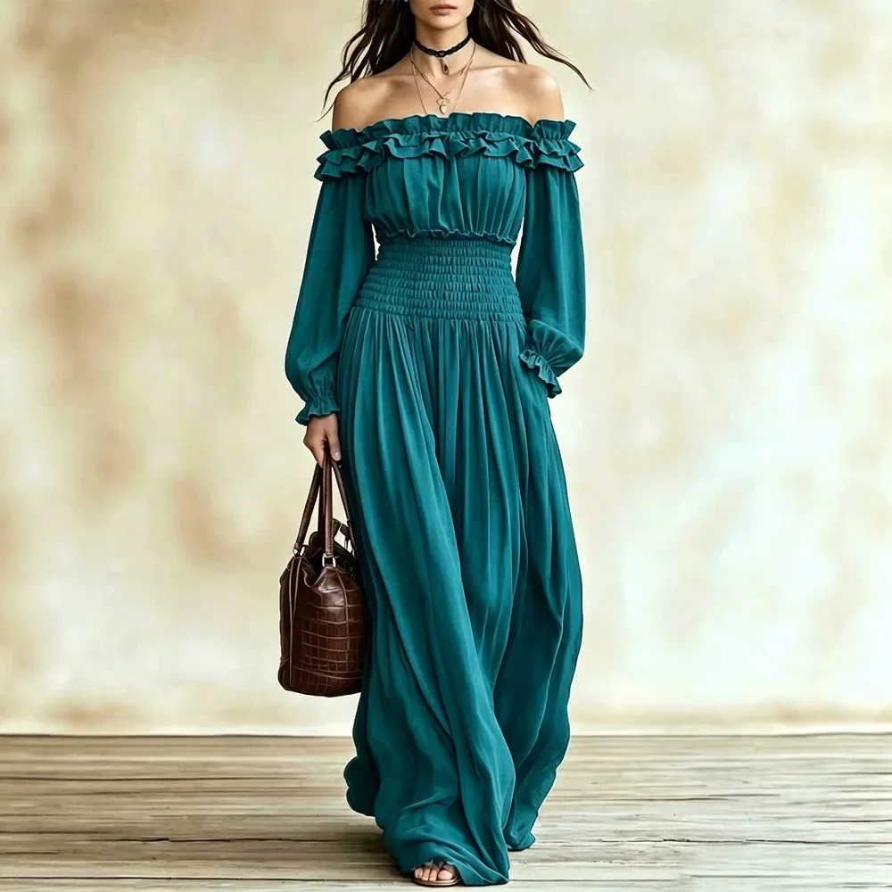 2026 Fall Elegant Puff Sleeve High Waist Dress Women Off Shoulder Ruffled Long Sleeve Bodycon