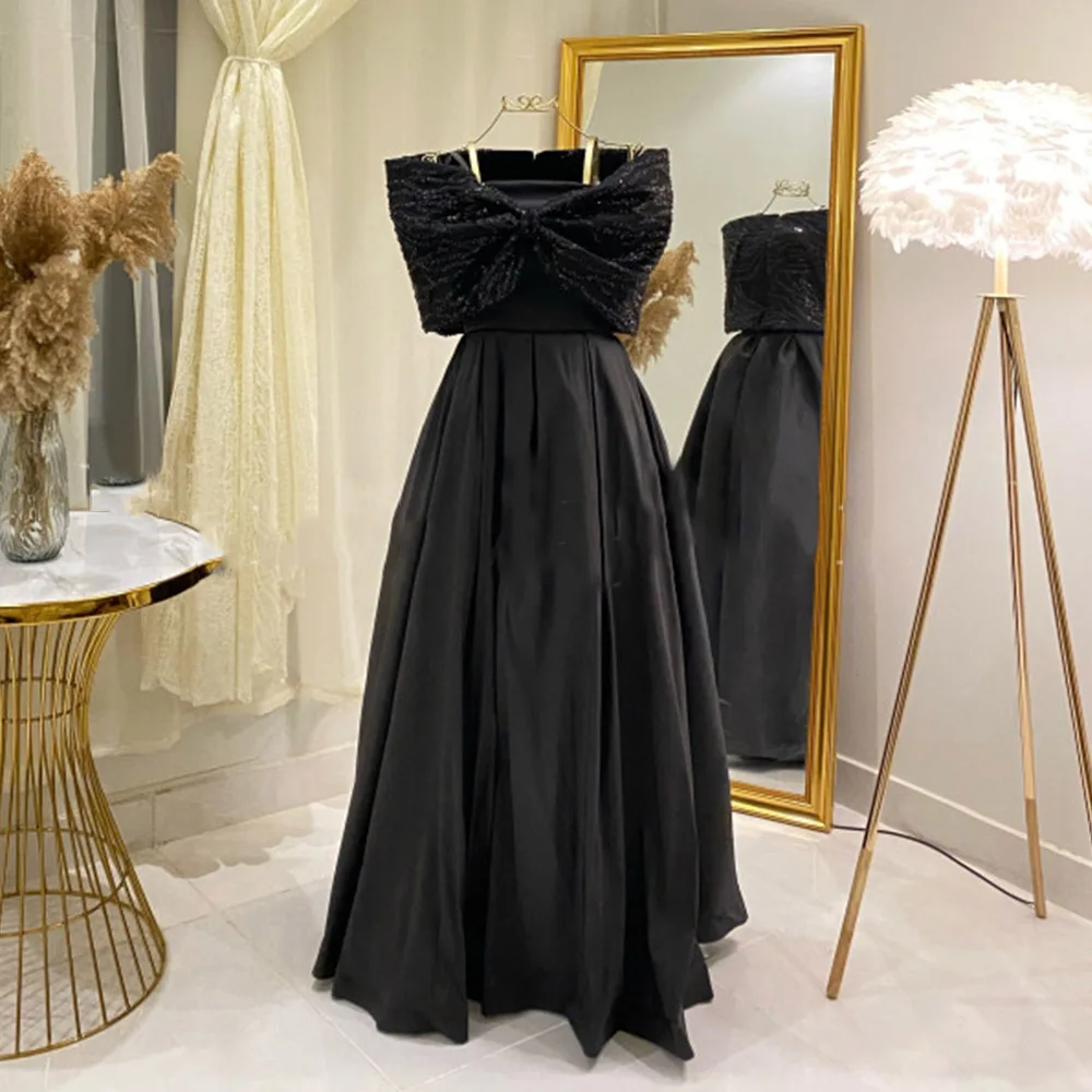 Robes de soirée noires pour femmes, col bateau, robe de Rhinitiée avec paillettes, longueur au sol A-ligne