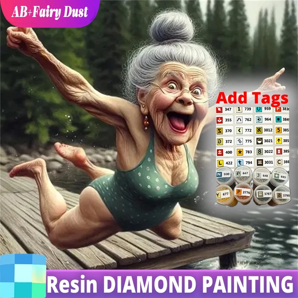 

Resin AB Fairy Dust Full Diamond Painting Old Woman Portrait Square Round Embroidery Cartoon Mosaic Decor For Home