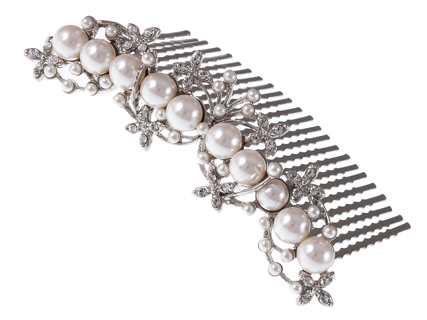 

Silver Tone Clear Crystal Rhinestone Floral Stamen Simulated Pearl Bridal Hair Comb