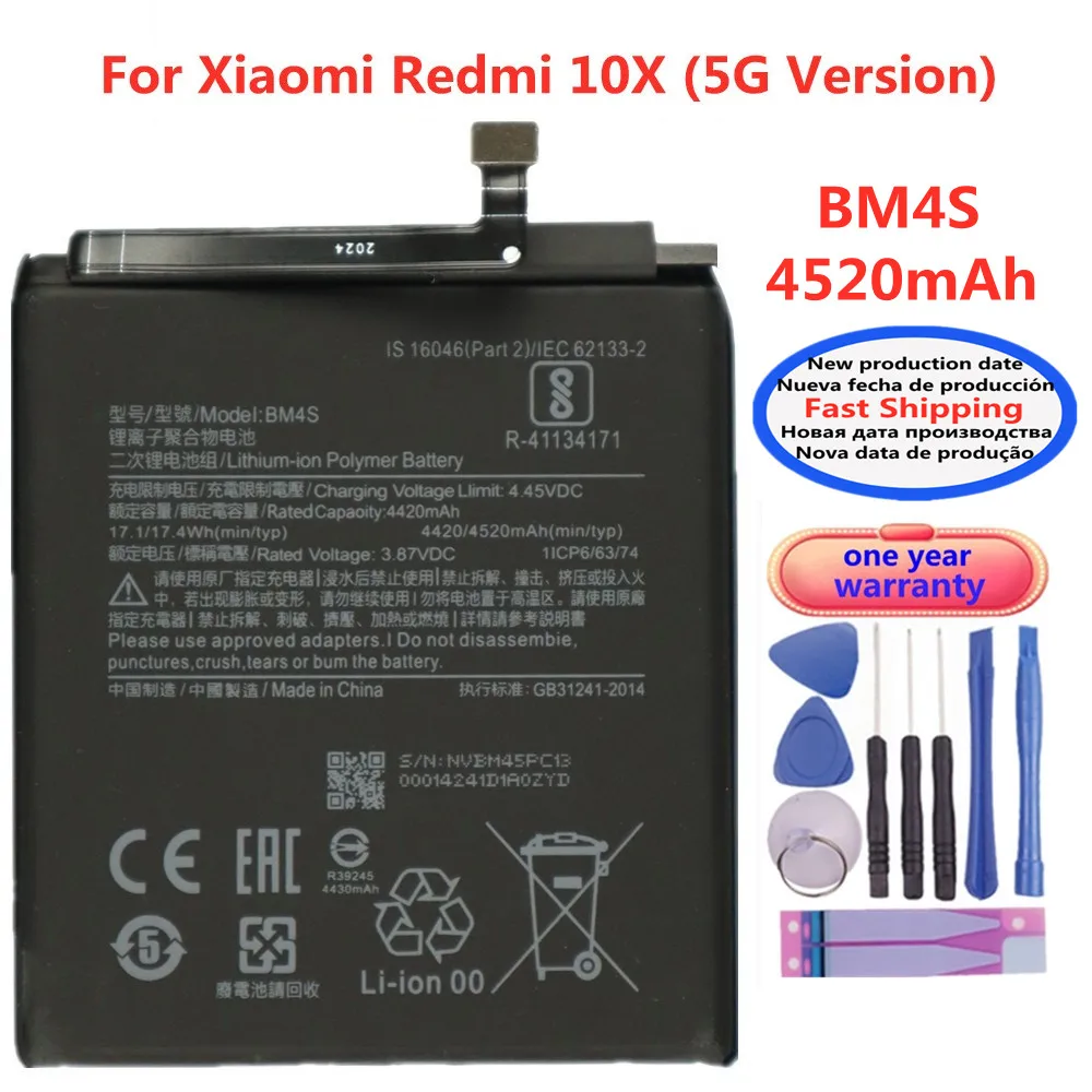 

4520mAh BM4S Battery For Xiaomi Redmi 10X 5G Version Mobile Phone Battery Bateria In Stock + Tools