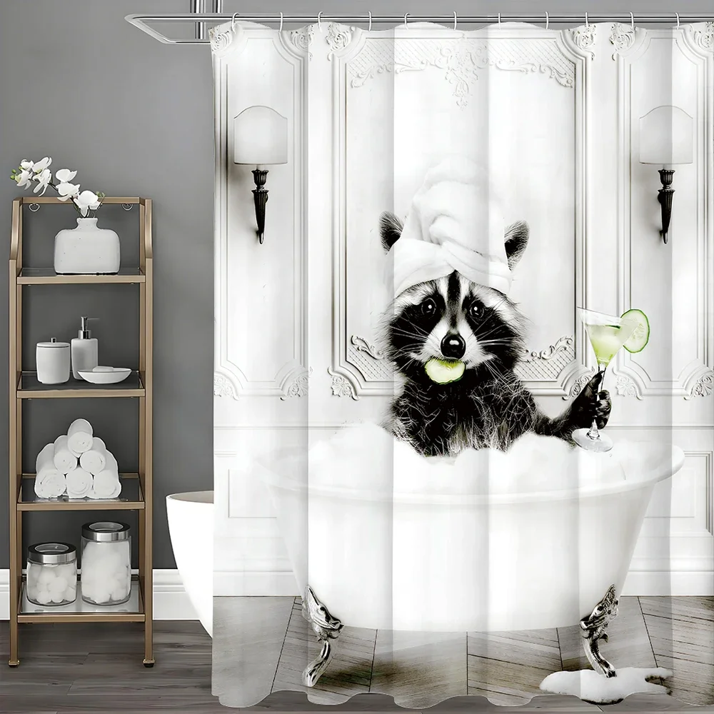 

Black and White Raccoon Bath Tub Fun Shower Curtain, Bathroom Decorative Shower Curtain, Waterproof Shower Curtain with Hooks