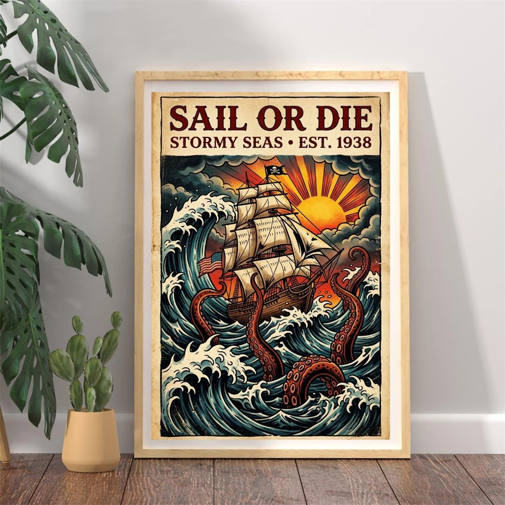 Nautical Tattoo Print Kraken Ship Art Canvas Painting Stormy Sea Wall Art Poster Vintage Pirate Poster Home Bedroom Wall Decor