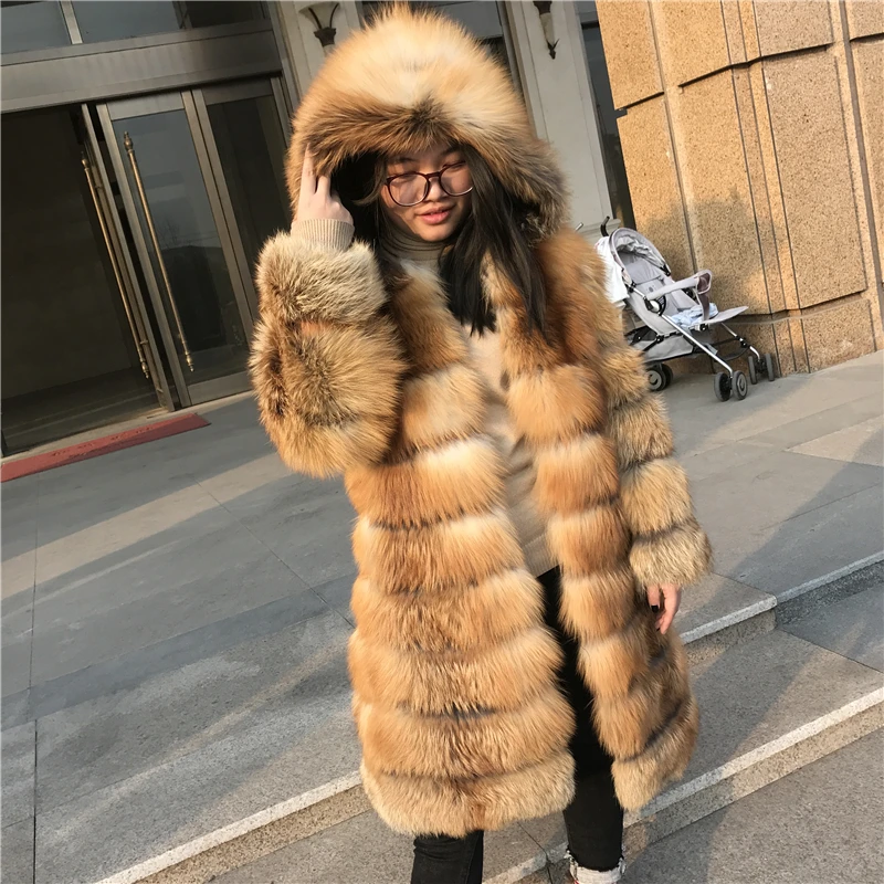 Factory Wholesale Custom Winter Long Luxury Natural Fur Coat With Hood Detachable Genuine Red Fox Fur Hood Coat For Women