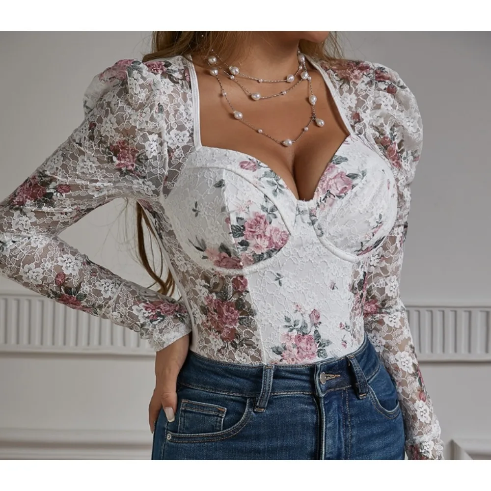 Sexy Lace Bodysuit Fashion Square Neck Long Sleeve One Piece Basic Hotsweet Women Print Gothic Slim Streetwear Jumpsuit Ins