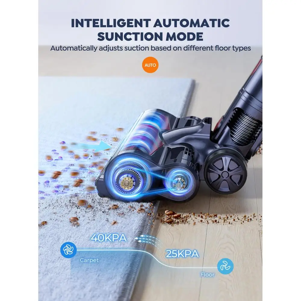 Cordless Stick Vacuum 2 Batteries 110 Mins Runtime 40KPA 450W LED Touch Screen Brush Multi-layer Filtration Rotatable Head Wall