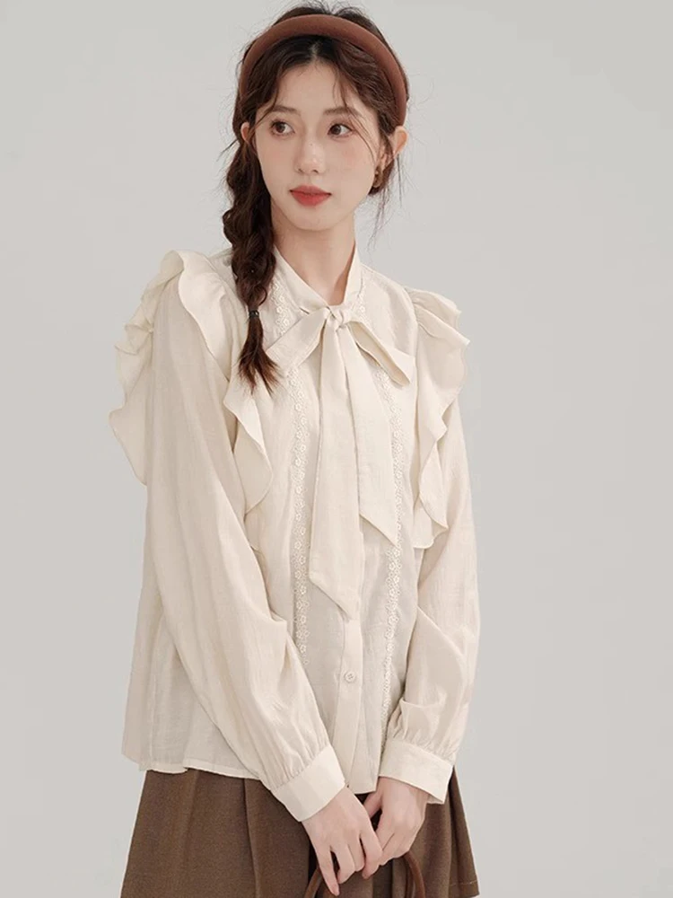 Retro Ruffles Women Shirt Autumn French Elegant Bow Button Long Sleeve Blouse Sweet Vintage Lace Up Gentle Temperament New Tops
