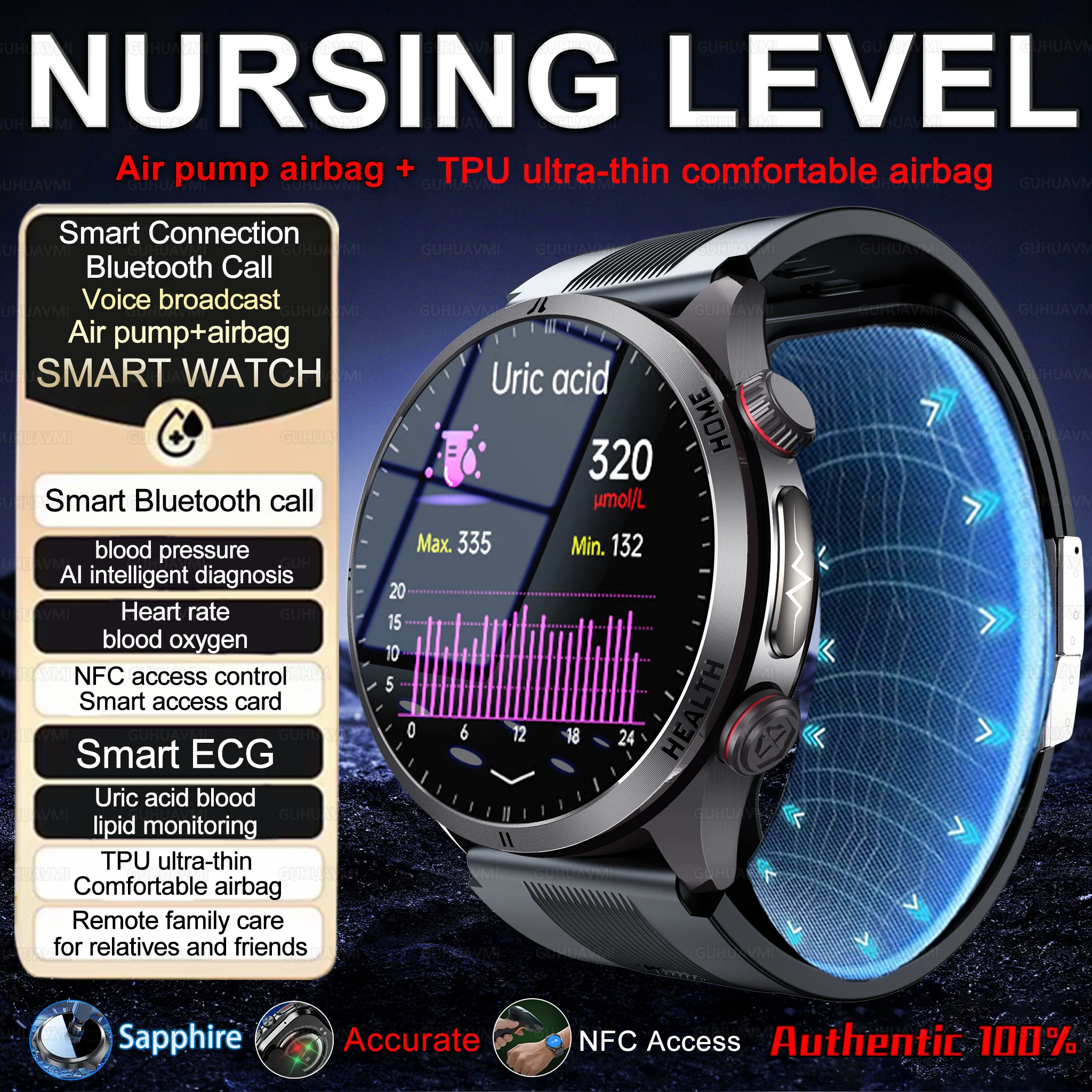 

2026 Новый медицинский трек NFC Воздушный насос + подушка безопасности Смарт-часы Точные часы для измерения артериального давления Мочевая кислота ЭКГ Вызов Мужчины Женщины Смарт-часы