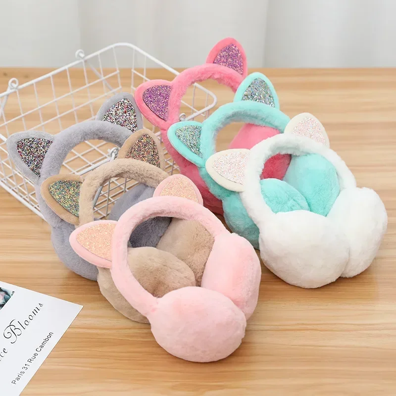 New Lovely Winter Warm Cat Ear Warmers Glitter Ears Plush Earmuffs for Women Playful Girls Ear Muffs Cold Protection Warm Hot