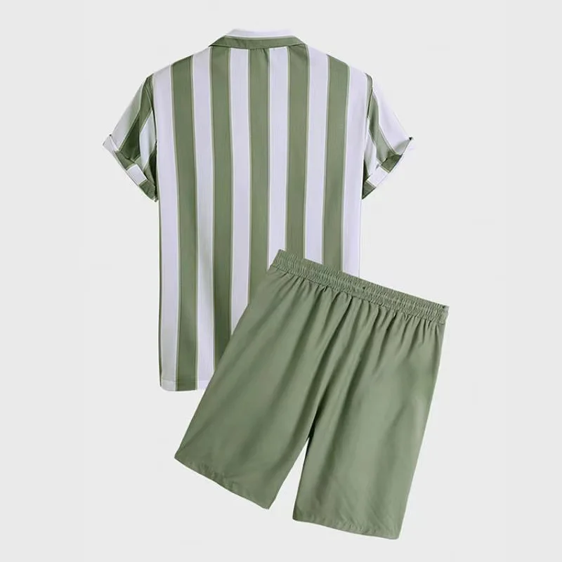 

2023 Men's ort Sve Striped Beach irt Two-Piece Set Faionable Summer Outfit Youth Size Available ort Length Pants