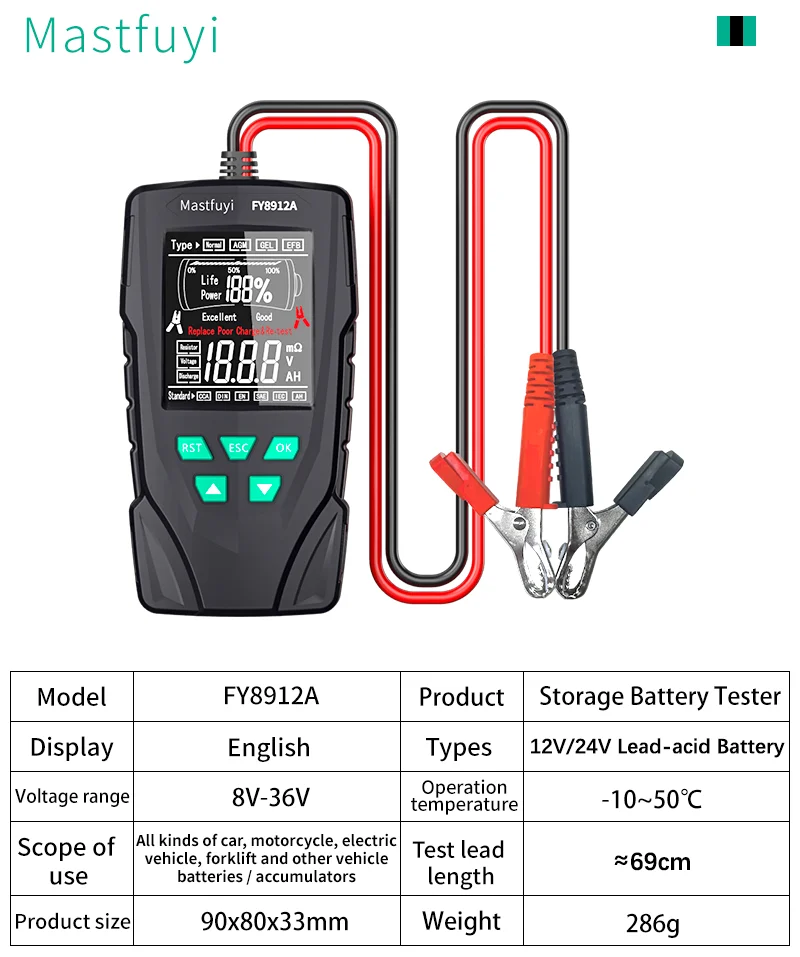 MASTFUYI FY8912A Car Automotive Battery Tester 12V/24V Battery System Analyzer 50-2000CCA Comprehensive Diagnostics Test Tools