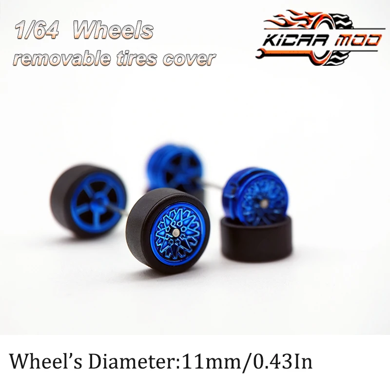 1/64 RLC Premium Wheels with Rubber Slick Tires for Hot Wheels Petal Spokes 2 Model Car Refitting Parts D:11mm (1 Set)