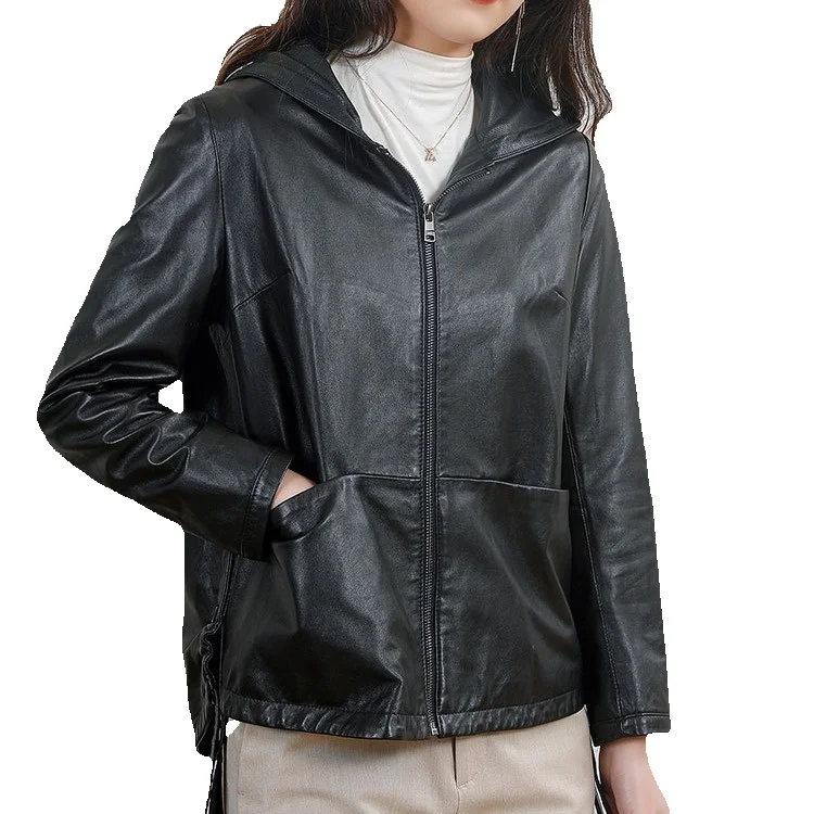 

Genuine Leather Jacket, Women's Hooded Spring New Sheep Leather Jacket, Black Light Short Jacket