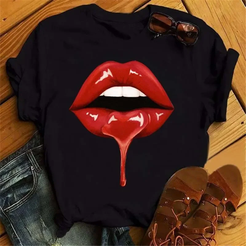 Moda lábios imprimir camiseta feminina casual manga curta o pescoço solto camiseta feminina senhoras camiseta topos roupas mujer