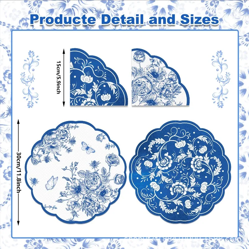 Vintage Blue Flowers Paper Napkins Wedding Disposable Tableware Serviettes Tissues Baby Birthday Party Dinner Table Decor - view 3
