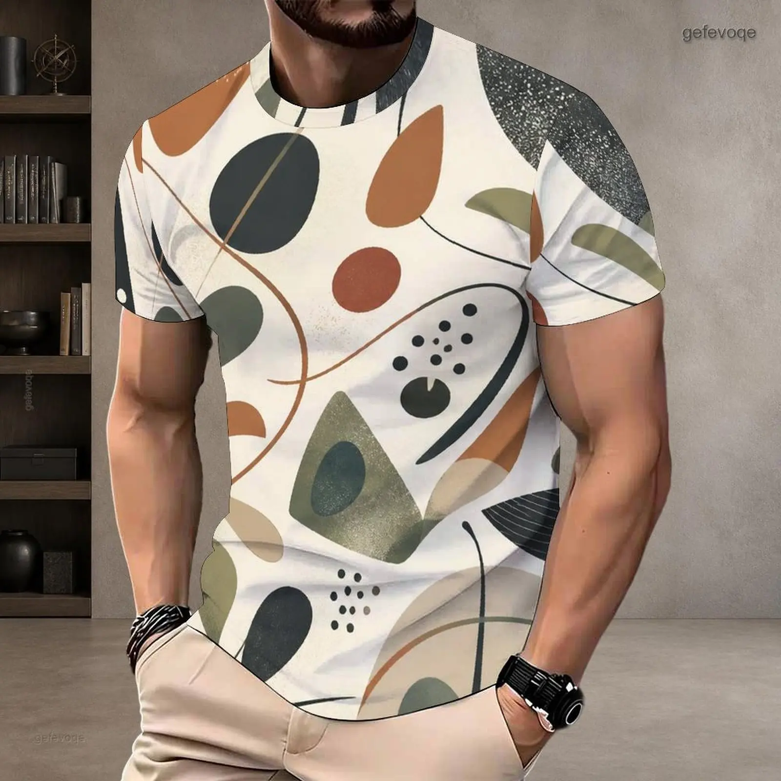 Men Round Neck Short Sleeve T-Shirt, Earth Tone Abstract Geometric Printed Pullover Top