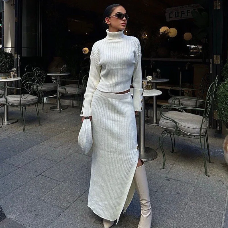 

Tuularose Knit Dress Sets Solid High Waist Knit Sweater Slit Maxi Skirt Set Fashion Chic Office Elegant Women Dress Set Vestidos