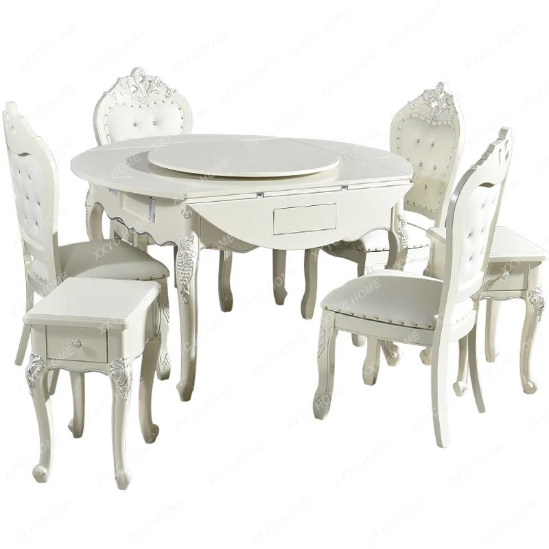 Automatic Dining Table Household round Table Folding European Style with Chair Integrated Electric Solid Wood Mahjong Table