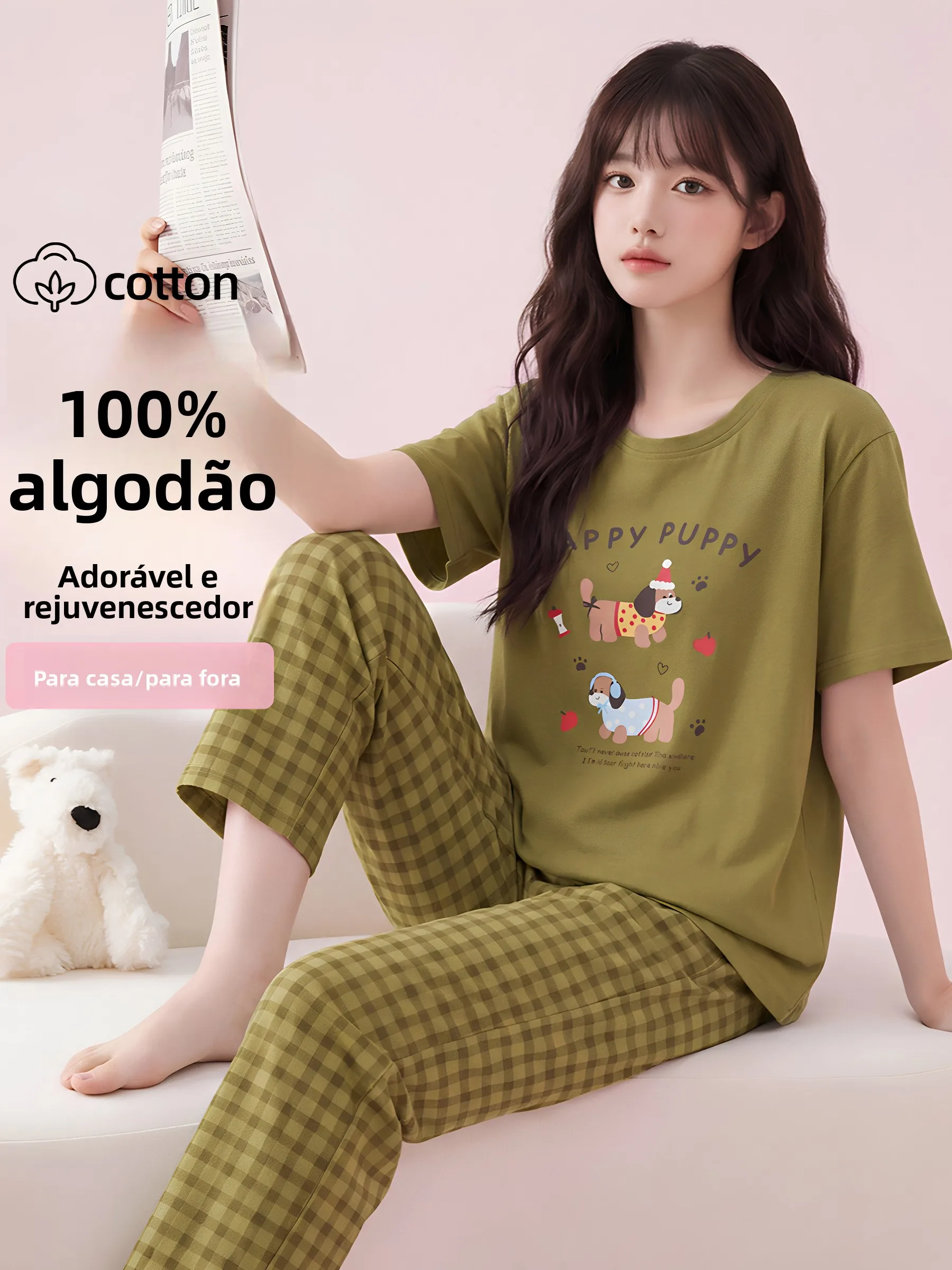 fenteng-women's-summer-sleepwear-pure-cotton-round-neck-short-sleeve-long-pants-plaid-sweet-cute-loose-home-clothes-outdoor