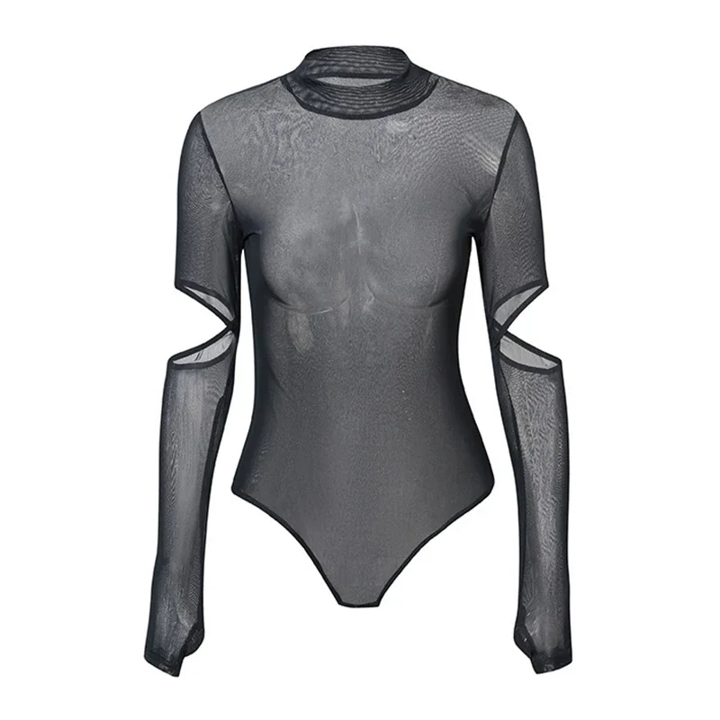

Adult Long Sleeve Jazz Dance High Neck Mesh Latin Jumpsuit with Hollow Out Sleeve National Standard Dance Practice Outfit