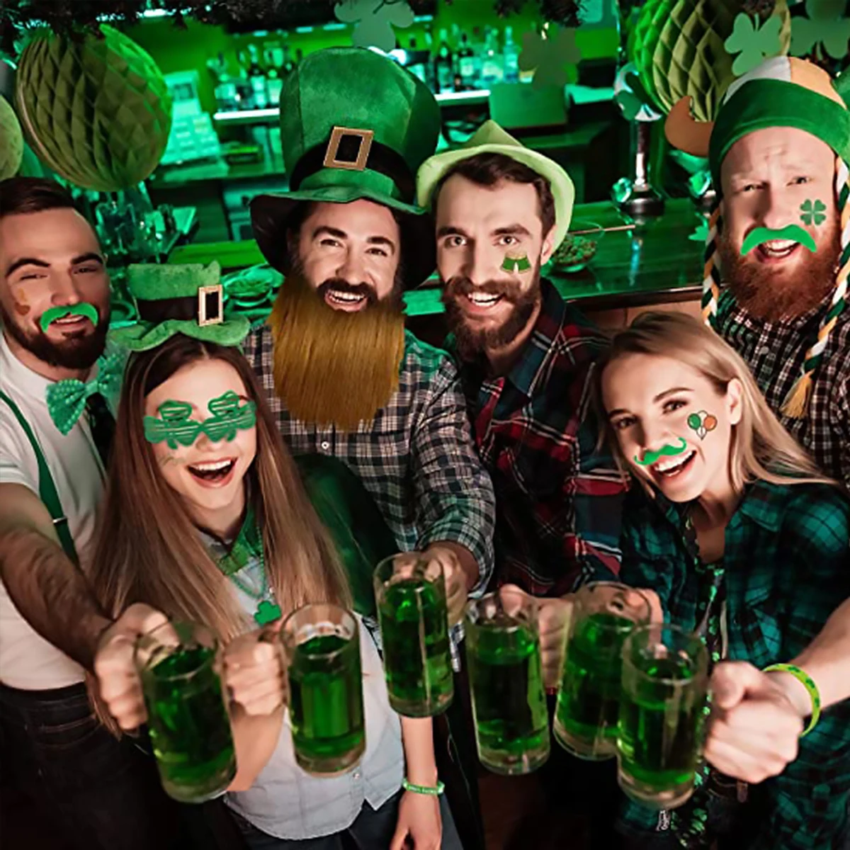 Sombrero de copa del Día de los Saint Patricks, traje de celebración verde de barba falsa, suministros de decoración de fiesta de cumpleaños,