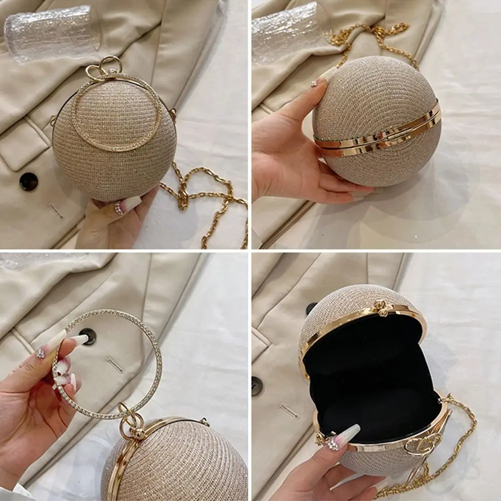 Gold Bright Silk Circular Evening Bag Women Banquet Clutch Rhinestone Decor Chain Shoulder Bags Luxury Female Party Handbags