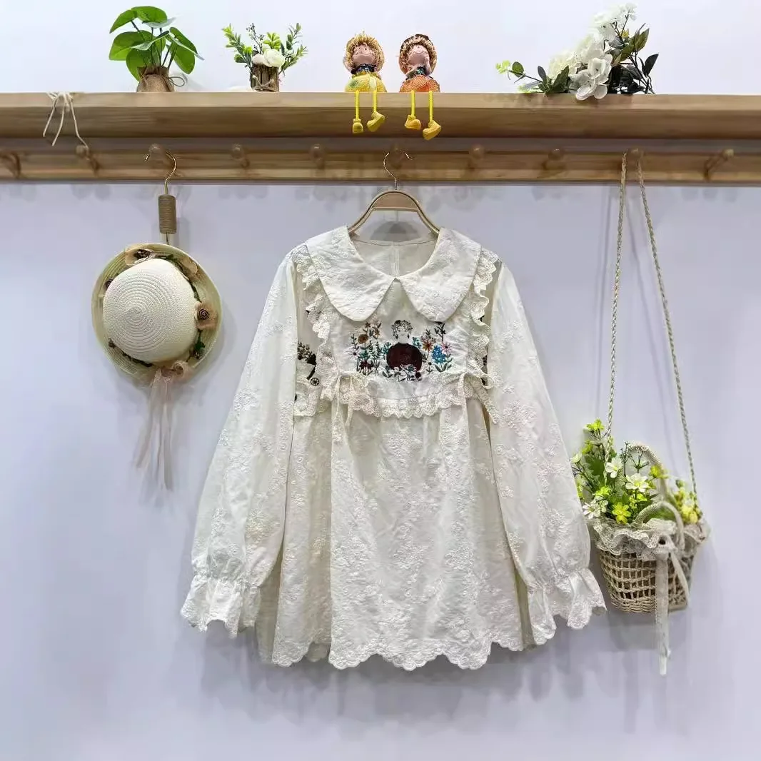 Sweet Mori Girl Floral Print Lace Embroidery Cotton Shirt Women Autumn Kawaii Peter Pan Collar Long Sleeve Casual Loose Blouse