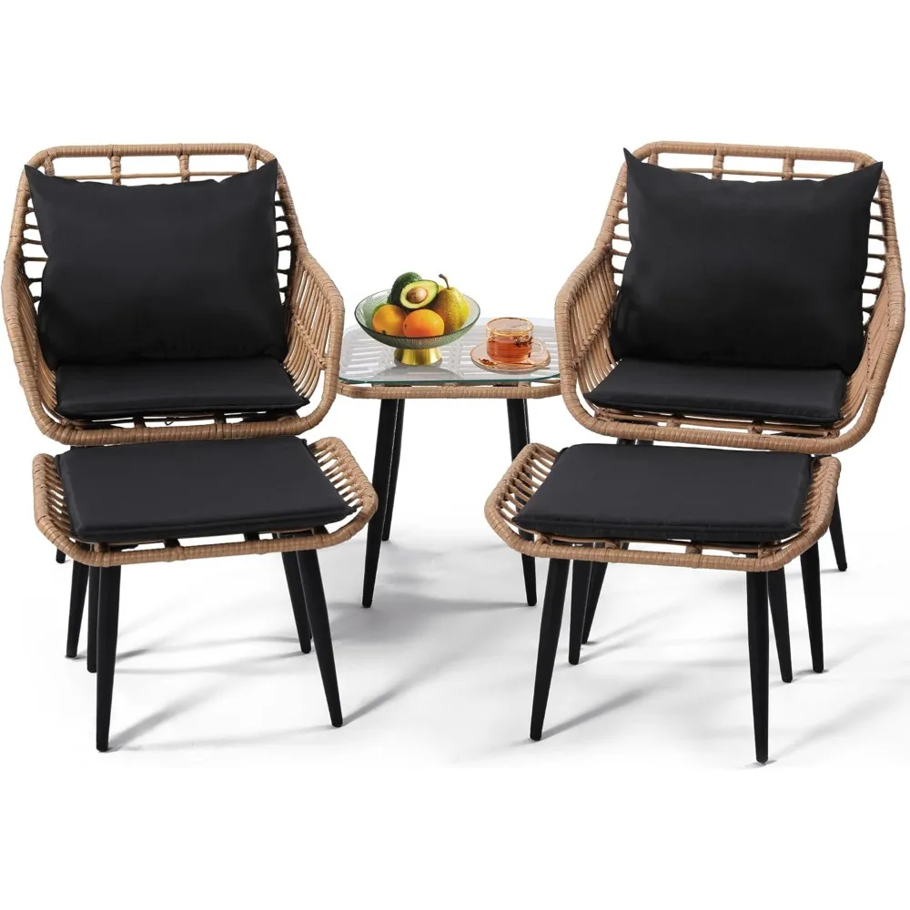 

5 Piece Wicker Bistro Patio Conversation Furniture Set, Includes 2 Chairs, 2 Ottomans, and Side Table, Ideal for Porch, Balcony,