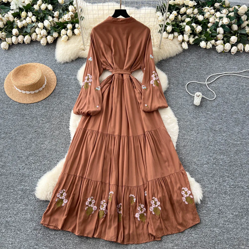 Chic vintage Embroidered print Elegant Fairy korean fashion Boho Sundress women clothing Long dress