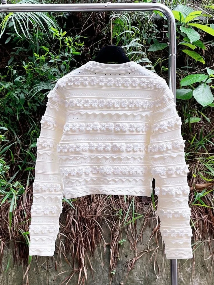 Women Knitted Cardigan Spring Long Sleeve O Neck Hollow Out Flowers Sweet Short Jacket Pearl Single Breasted Office Lady Outwear