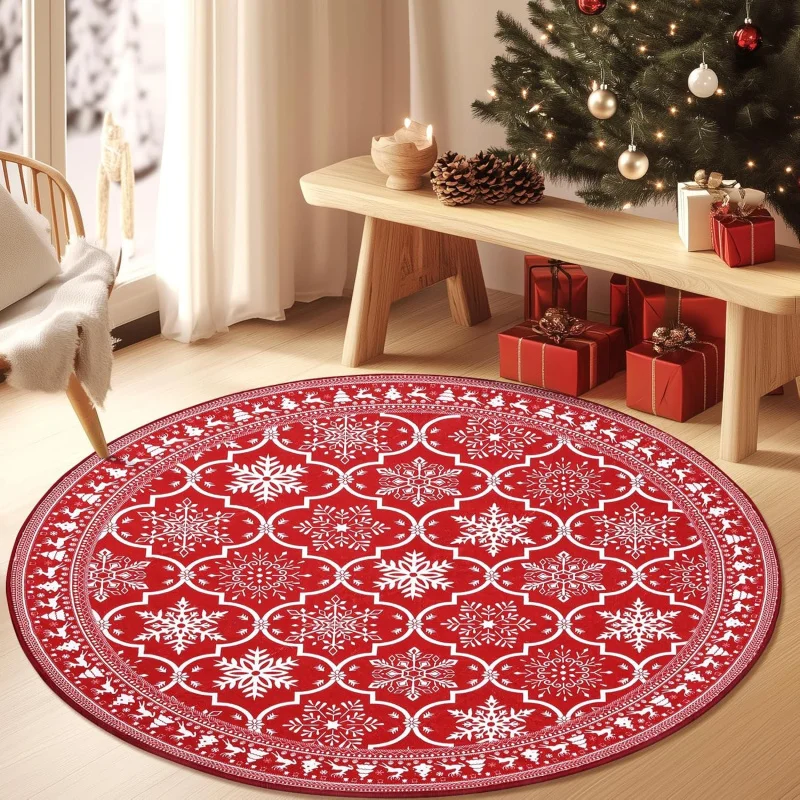 

Christmas circular carpet, red snowflake decoration, living room, bedroom, corridor floor mat 60X60cm