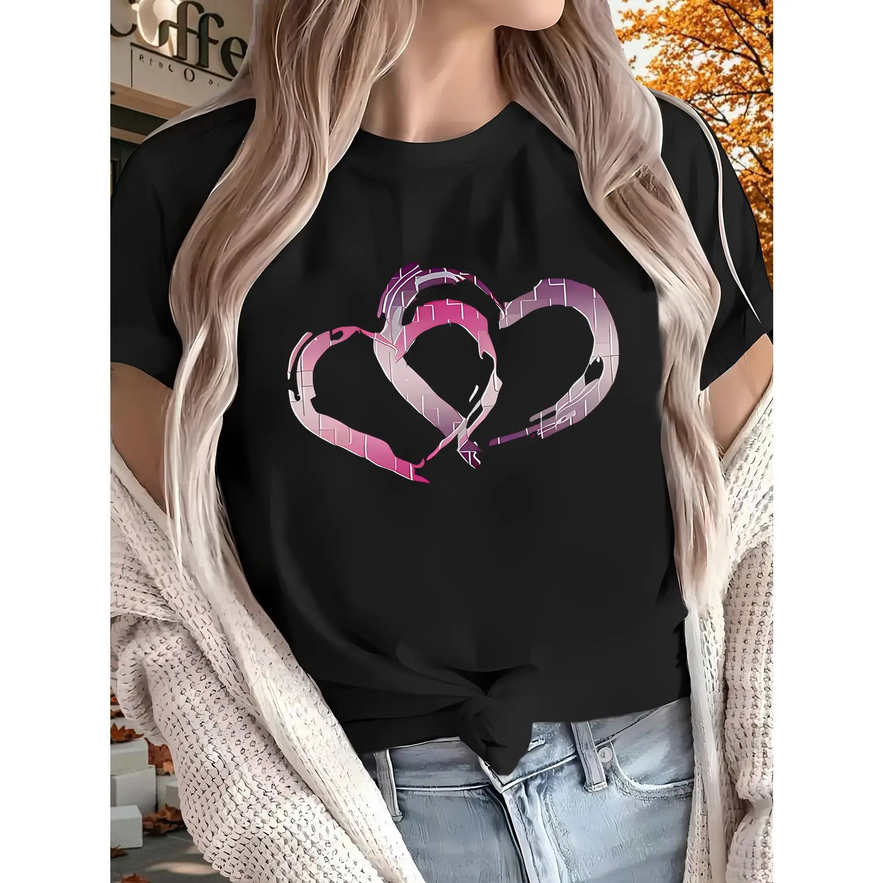 

Interlocking Hearts T-shirt for Women Artistic Heart Graphic Tee Couple Slogan Top Casual Wear