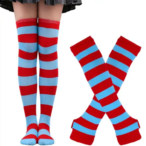 Fashion Striped Over The Knee High Socks And Gloves Set For Cosplay Party Halloween Performance Dress Up Accessories