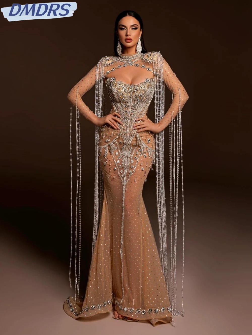 Shiny Beads Crystal Prom Gown Sexy Illusion Mermaid Cocktail Dresses 2025 Luxury Tassel Evening Dress Customized Robe De Mariée