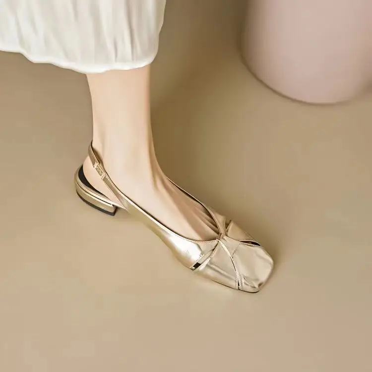 Gold and Silver Dual Color Baotou Sandals 2023 Summer New Full Leather Retro Style on The Inside and Outside, with Low Heel Sand