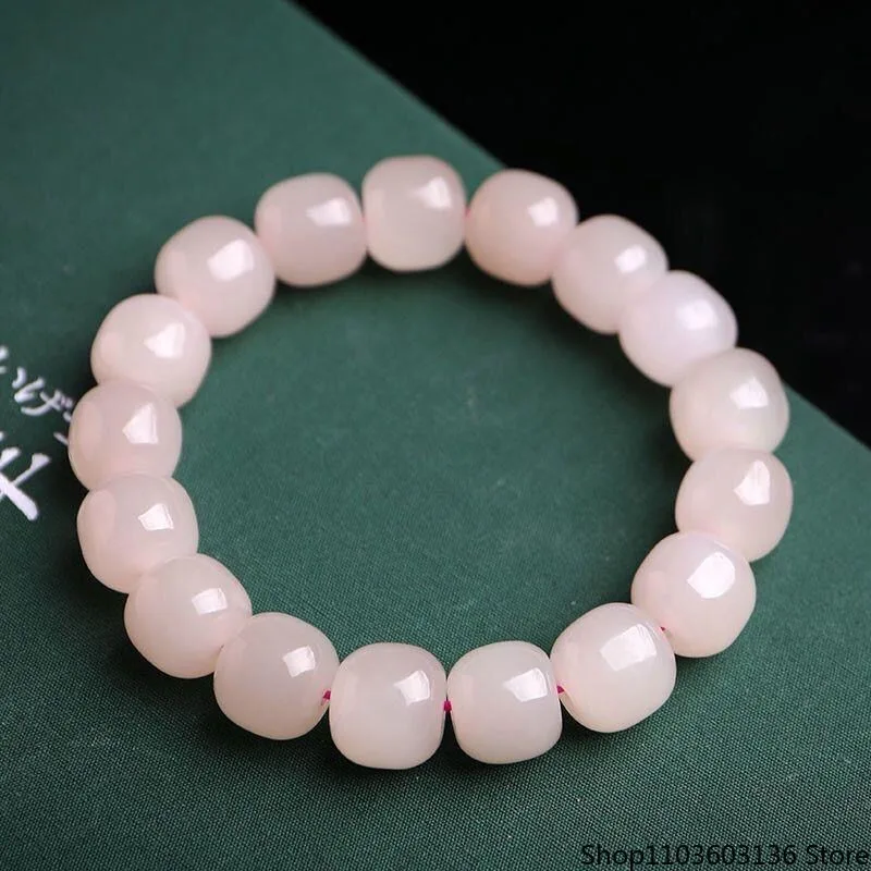 Hetian Jade Lotus Root Powder Old Bead Bracelet Pink Single Circle Women's Bracelet.
