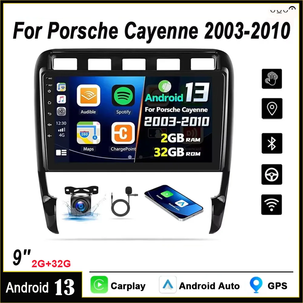 2G+32G Android 13 Car Stereo for Porsche Cayenne 2003-2010 with Wireless Apple Carplay Android Auto 9inch HD Touchscreen Car