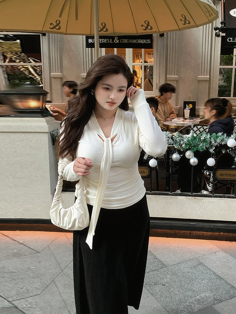 

plus Size Women's Sweet Style V-Neck Slim Fit Shirt with Sash Autumn Winter Base Layer Top by Apang Home Y8279 Regular Sleeve