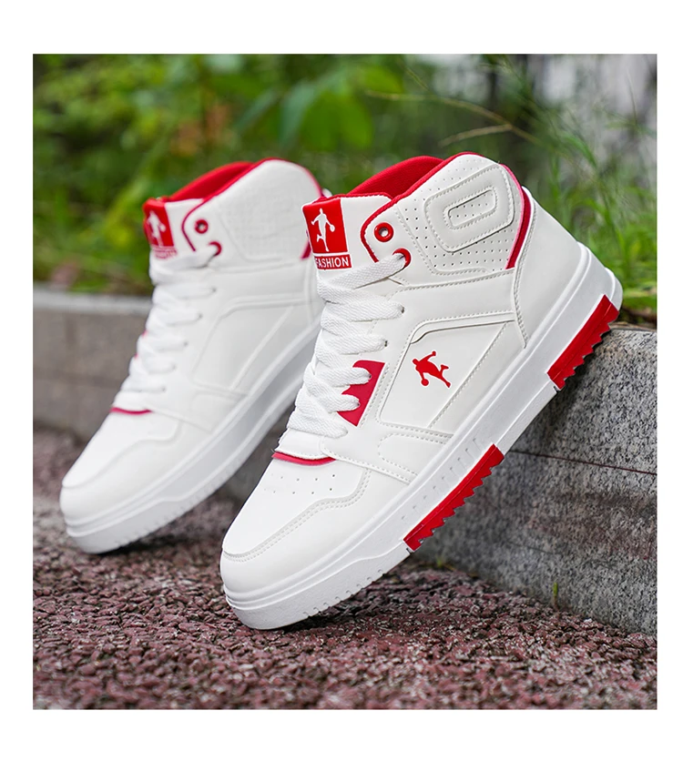 Klassische weiße High-Top-Sneaker für Herren, atmungsaktive Streetwear-Schuhe mit blauen und roten Akzenten – Detail 8