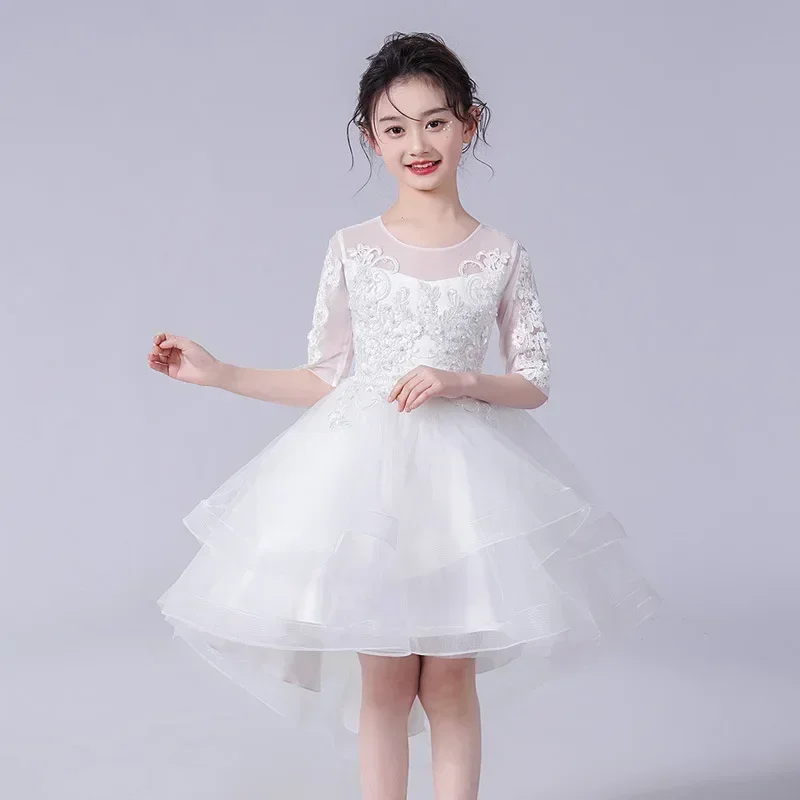 Fashion Princess Dress for Girls Lace Mesh Short Sleeve Flower Girl Dresses for Weddings Summer Girls Party Dress 3-12 Years