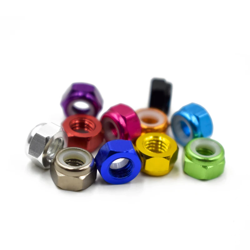 10pcs Aluminum Lock Nuts M2 M3 M4 M5 M6 Anodized colorful Aluminum Hex Nylon Insert Lock Nut Self-locking Locknut
