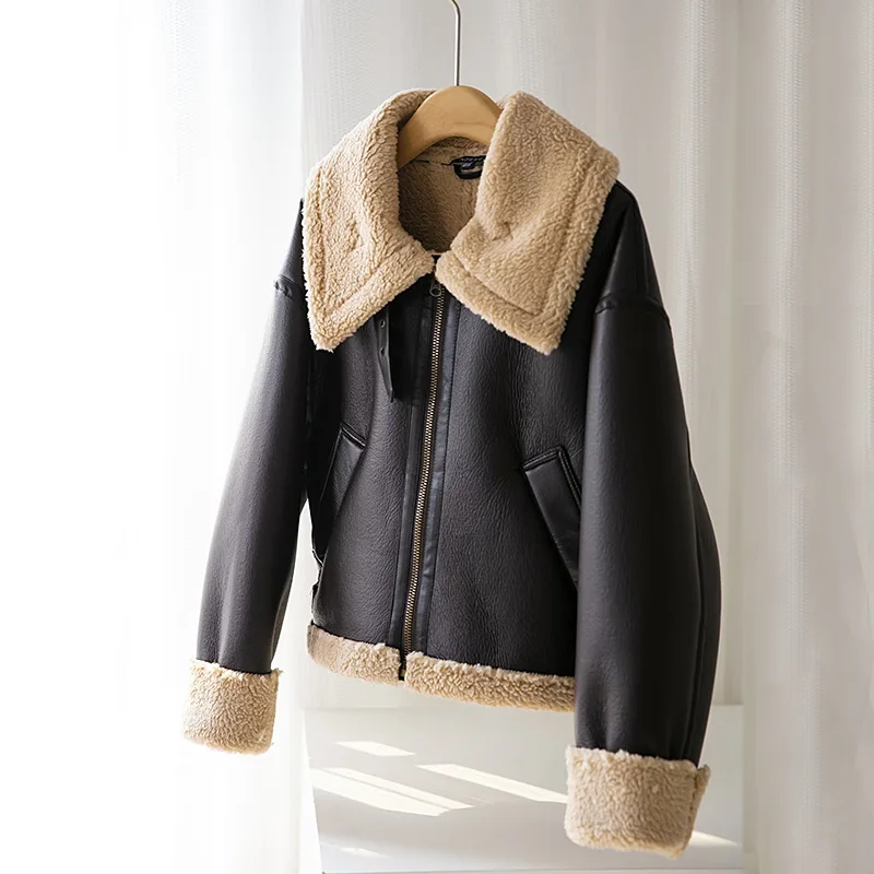 2023 Women\'s Winter Vintage Faux Leather Pockets Jacket Fashion Lapel Collar Warm Thick PU Parkas Female Outerwear Tops Clothing