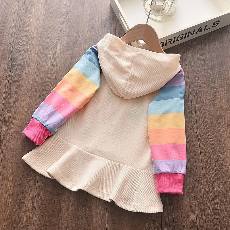 Fashion Autumn Baby Girls Hoodies Beige Rainbow Print Colorful Sleeves Dresses Pullover Shirts Casual Kids Outwears