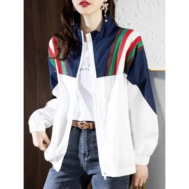 Korean Varsity Women Sunscreen Bomber Jacket Spring Summer Thin Striped Contrast Color Fashion Harajuku Loose Zipper Casual Coat