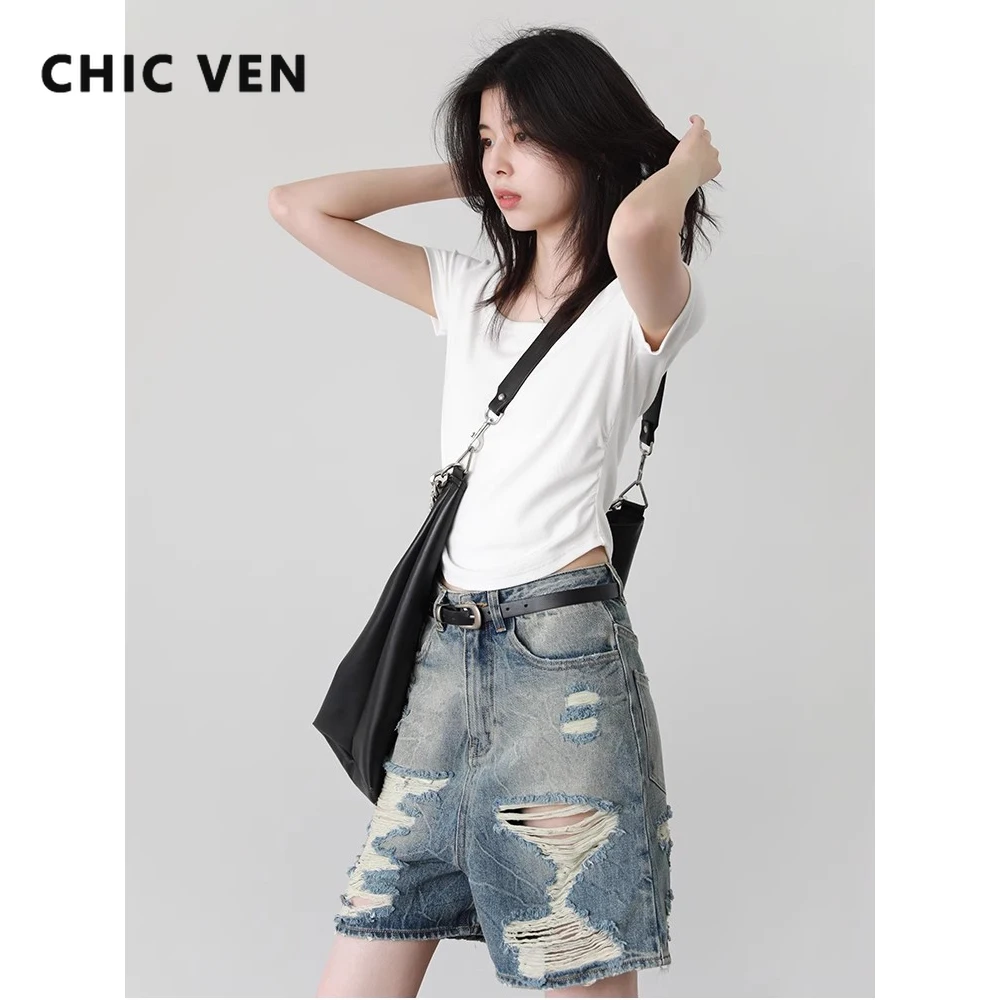

Женские футболки CHIC VEN, повседневные однотонные футболки с квадратным воротником и плиссированной талией, базовые футболки с короткими рукавами, женский тонкий топ, лето 2025