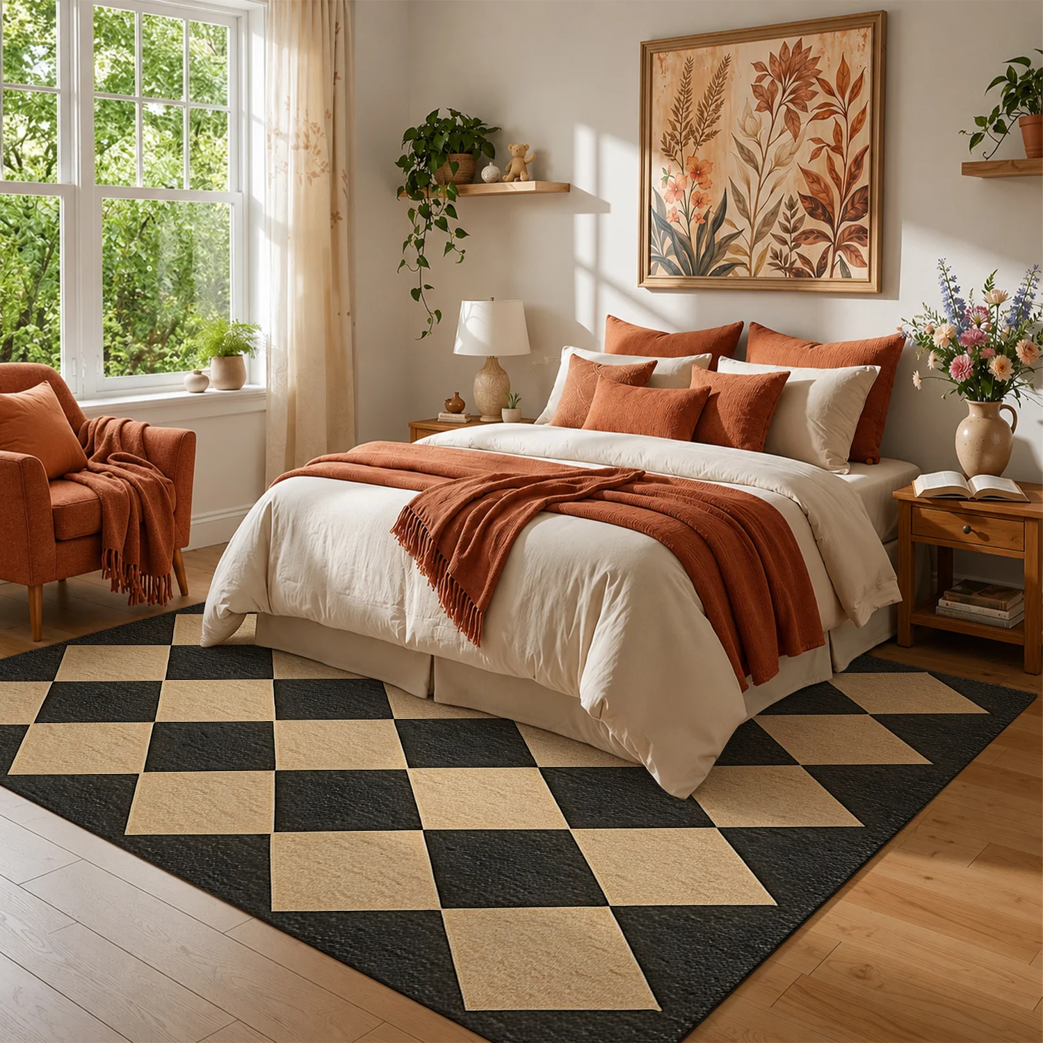 Large Indoor Area Rug, Soft Velvet Low Pile Rug with Non-Slip Dotted Backing, Machine Washable Argyle Diamond Pattern Black & Beige Floor Rug for Living Room Bedroom